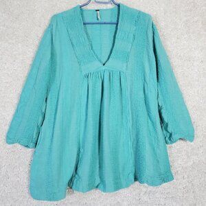 Free People Womens Gauze V-Neck Flowy Tunic Top Turquoise Size S‎ Boho Beachy